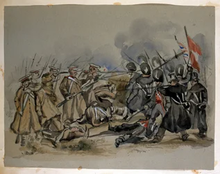 Un conflicto entre los guardias y las tropas rusas durante la guerra de Crimea, de un álbum de pinturas y bocetos conocido como 